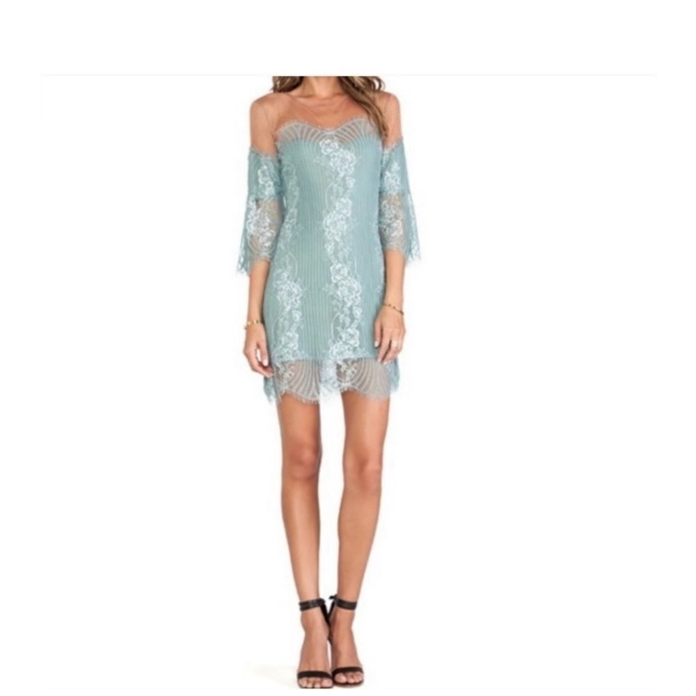 For Love And Lemons Belle Sage Floral Lace Mesh Mini Dress S